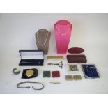 Quantity of mixed costume jewellery, pens, coins, and antique corkscrew all fair condition, some