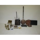 Quantity of mixed brass and copper ware, a vintage leather case, leather attachÚ case and a