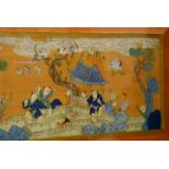 C19th Chinese silk Kesi panel, woven with boys at play in a garden, framed, 63 x 213cm. No serious