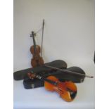 Two cased violins, with bows, one by Lark   been well used, showing signs of wear, marks to wood,