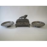 Pair of pewter "Tudric" Liberty & Co dishes, and pewter trinket box Condition: Marks and scratches