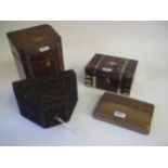 Carved wooden stationary box and two decorative tin boxes and wooden card case Condition: Some marks