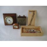 Oak cased barometer mantel clock, letter rack, swatch watch, glass plaque Condition: fair . few