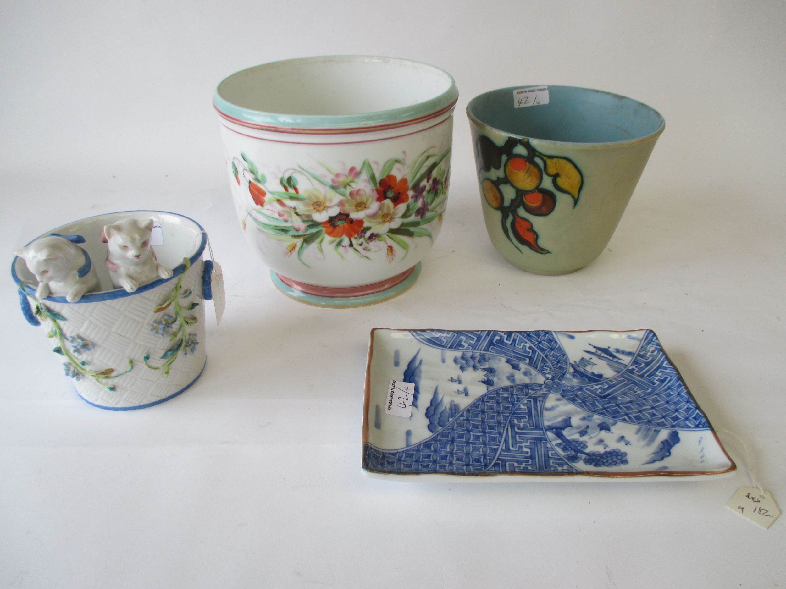 Floral jardiniere, Dutch tulip pot, china cat pot and blue and white oriental dish Condition: