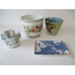 Floral jardiniere, Dutch tulip pot, china cat pot and blue and white oriental dish Condition: