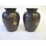 Pair Chinese bronze vases with inlaid floral scenes 14 cm H Condition: fair . some scratches