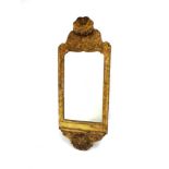 George III small gilt framed wall mirror with shell finials, the oblong  plate 40 x 23 cm Gilding