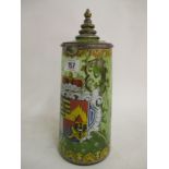 German colourfully painted glass lidded stein tankards with coat of arms 32cmH Condition: Good,