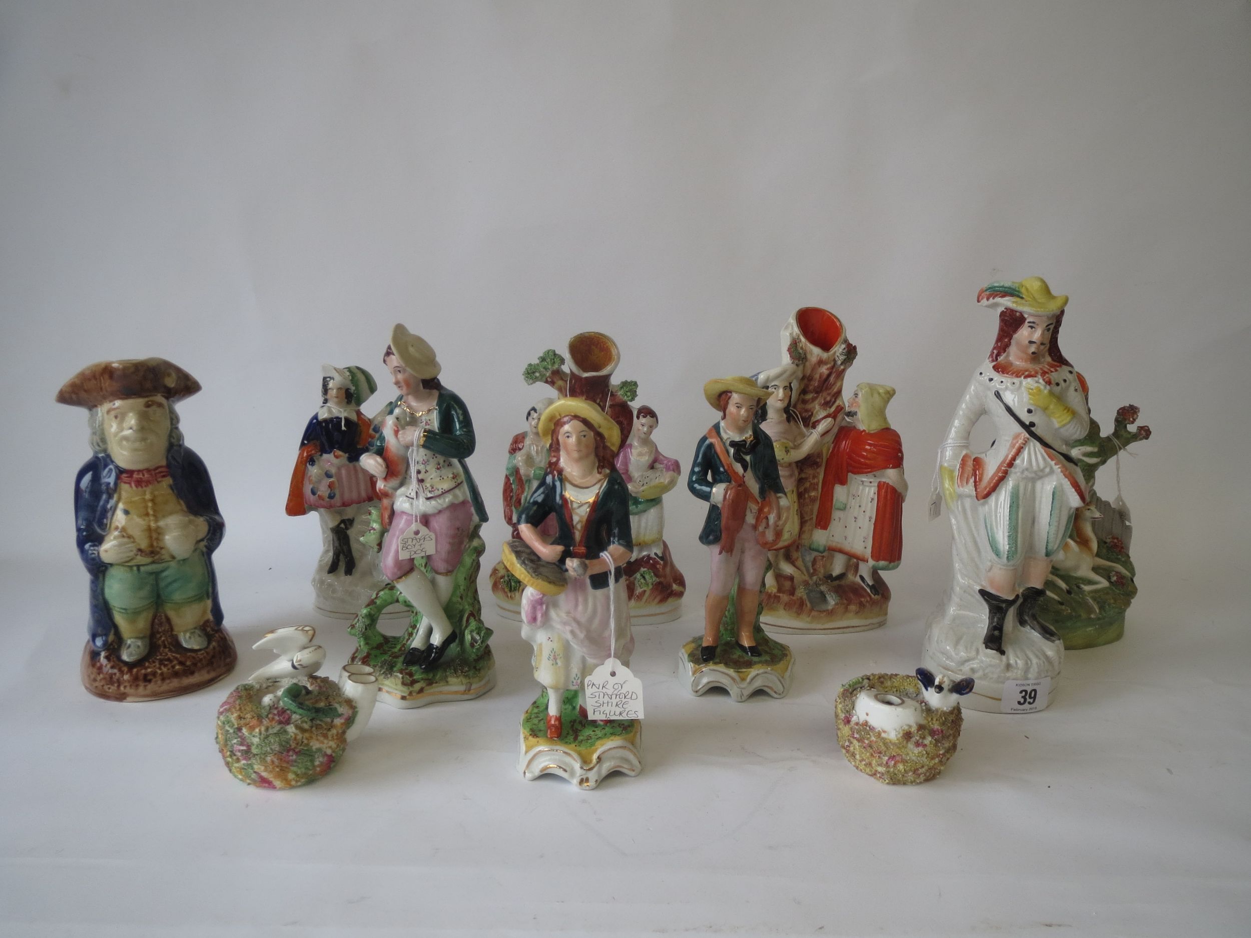 10 various Staffordshire flat back & other figures, spill vases and 1 Toby jug Condition: various - Image 2 of 2