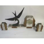 Art Deco marble mantel clock with a bronze figure of bird signed G FRANJOU Condition: In fair .