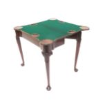 Good George III foldover games table with concertina action, the baize interior with counter saucers