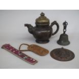 Antique Tibetan bronze teapot, bell & zodiac calendar together with a Chinese Qing silk glasses case