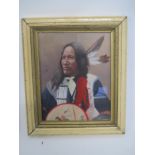 Framed oil painting portrait of a native American Indian chief, 24.5cm x 19.5cm Condition: Fair .
