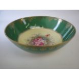 Large green ground & gilded bowl with floral panel. 31 cm Dia. Condition: good .