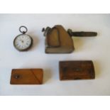 German made Little Wonder brass torch a treen snuff box and a Swiss made pocket chronometer