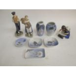 9 pieces Royal Copenhagen 3 figurines, pair vases and 4 small dishes  all good .