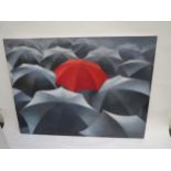 Three contemporary oil on canvas "Umbrellas" Condition: As new