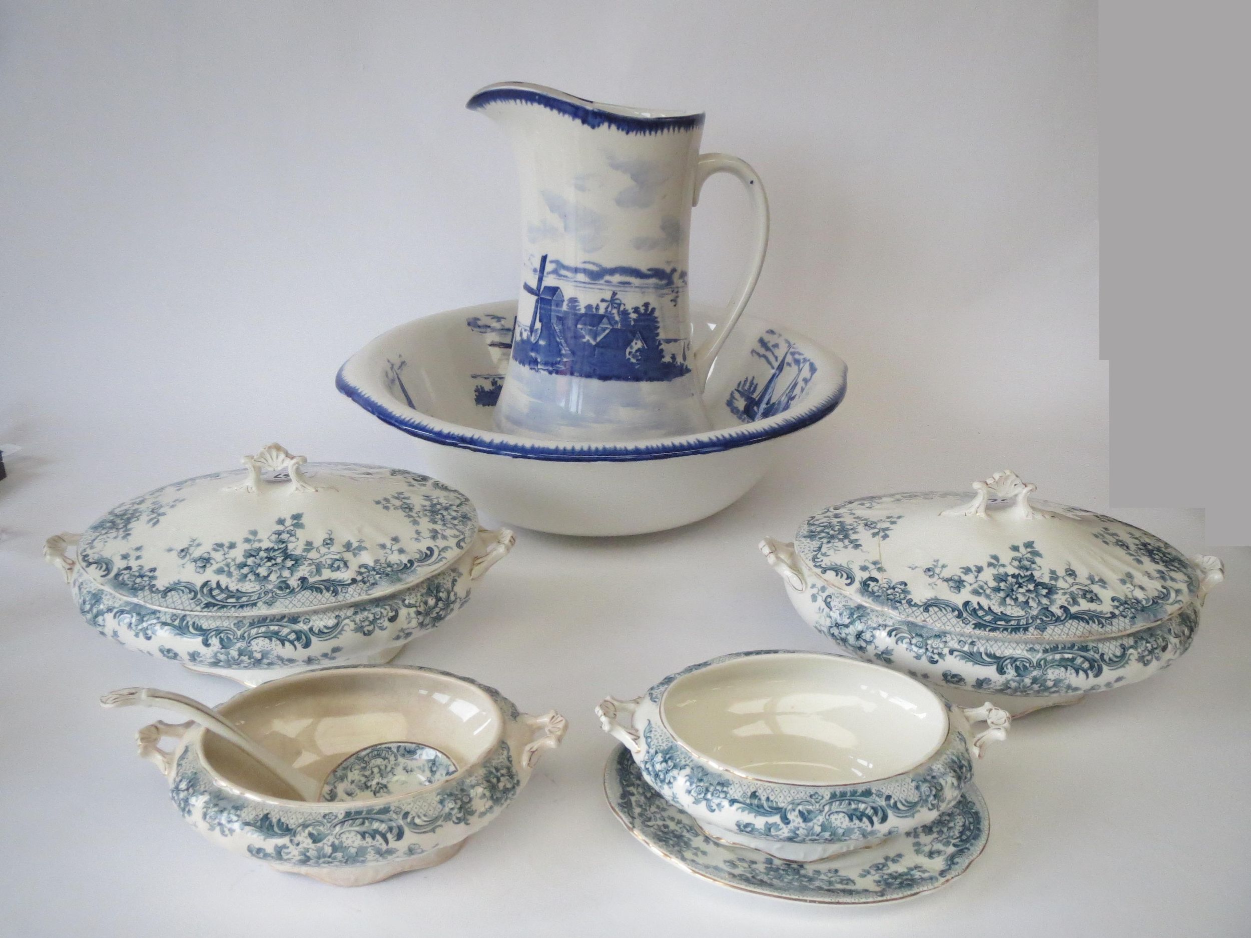 Blue & white jug and basin, Burslem vegetable tureens. Mahogany dressing table mirror and brass