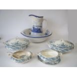 Blue & white jug and basin, Burslem vegetable tureens. Mahogany dressing table mirror and brass
