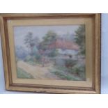 Victorian watercolour of children in front of farmhouse. signed lower left Maud Hollyer 62cm x