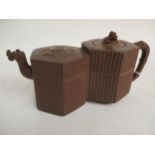 Chinese Yixing double ribbed body tea pot with one cover with dragon finial, marks to base
