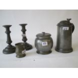 Liberty & Co. Tudric pewter biscuit barrel, pair pewter candle sticks and tankards Condition: In
