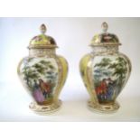 Pair Dresden yellow ground urns and covers with panels of flowers & figures 32 cm H Condition: crack