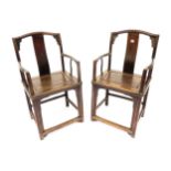 Pair Chinese solid seat arm chairs Condition: fair., some wear