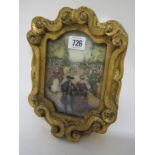 C18th continental oil on stone "Figures in Georgian Dress walking in the park", 17x12 in gilt