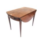 Edwardian cross banded mahogany oval Pembroke table with compartmented end drawers on tapered square