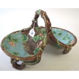 George Jones majolica double dish with twig and vine decoration Condition: Cracked, no visible