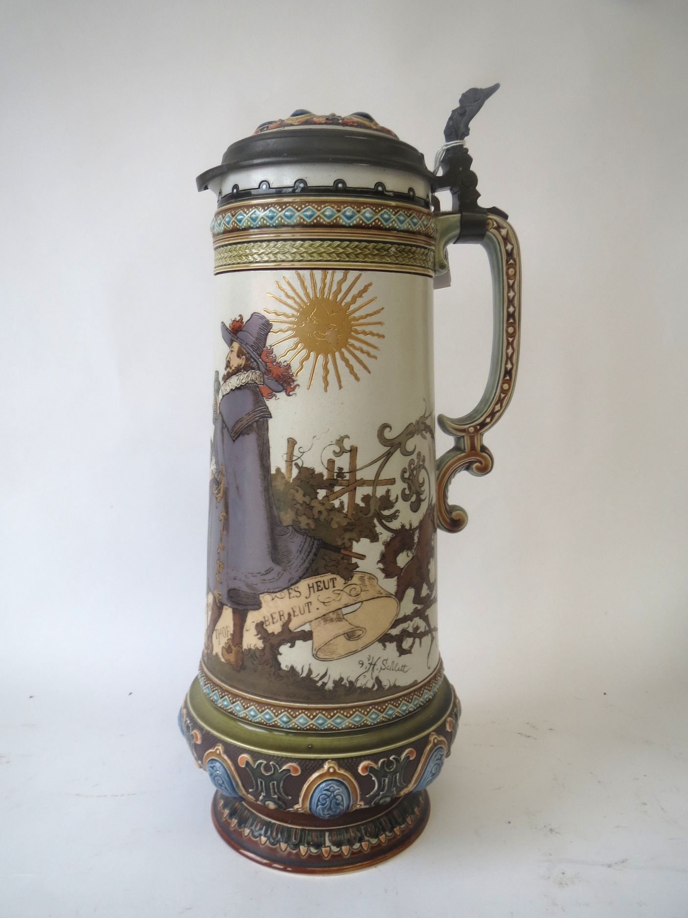 German Mettlach lidded beer stein (No 2065 to base) 38 cm H Condition: good .