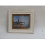 Studio framed oil on board coastal scene of fishing boats and figures, 17.5cm x 24.5cm Condition: