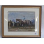 Framed equine oil painting, Jockey and horses at a race meeting, 28cm x 38cm  Condition: Fair