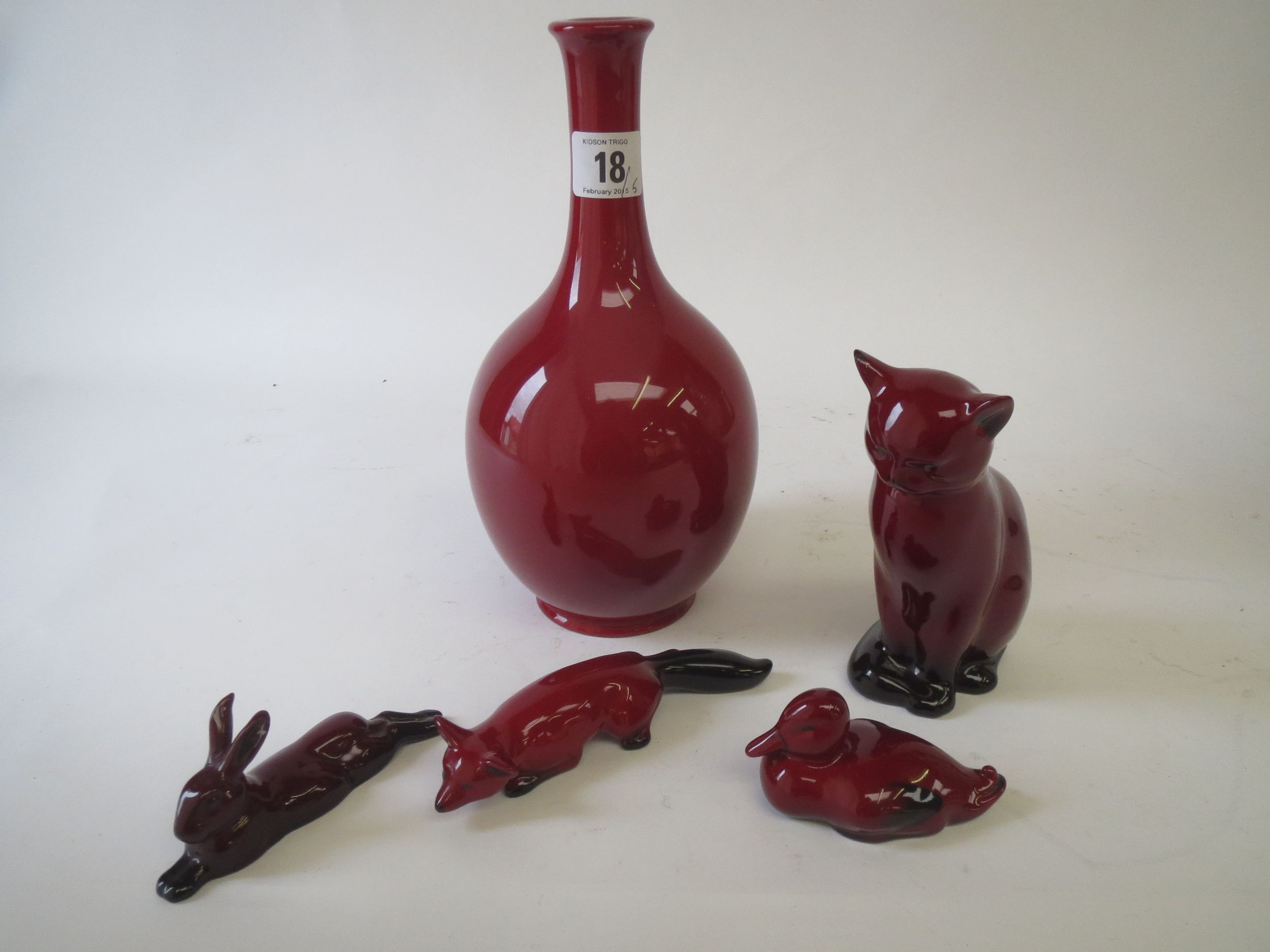 Royal Doulton flambe vase, cat, fox, hare & duck (5) Condition: good .