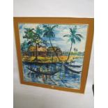 GODFREY. A OKIKI mid C20th  oil on board "African River scene with boats"  signed lower right 89