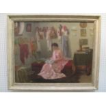 C20th Russian school oil on canvas, "Artist's model, seated reading", 55x68cm, Framed. Condition: