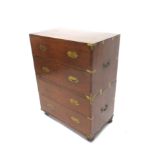 Small C19th teak two piece campaign brass bound chest of two drawers upon two further drawers,