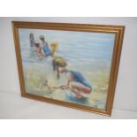 Impressionist oil painting portrait children at seaside, framed and glazed 49x60cm Condition: Fair