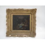 C19th oil on canvas, Dutch, Interior scene with two figures and baby in cradle 30cm x 34cm