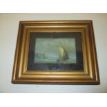 Gilt framed oil on panel nautical scene fishing boats in choppy seas 11x16cm Condition: Fair