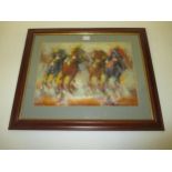 Framed impressionist oil painting, equine study 'Horse race jockeys' 32x43cm Condition: Fair