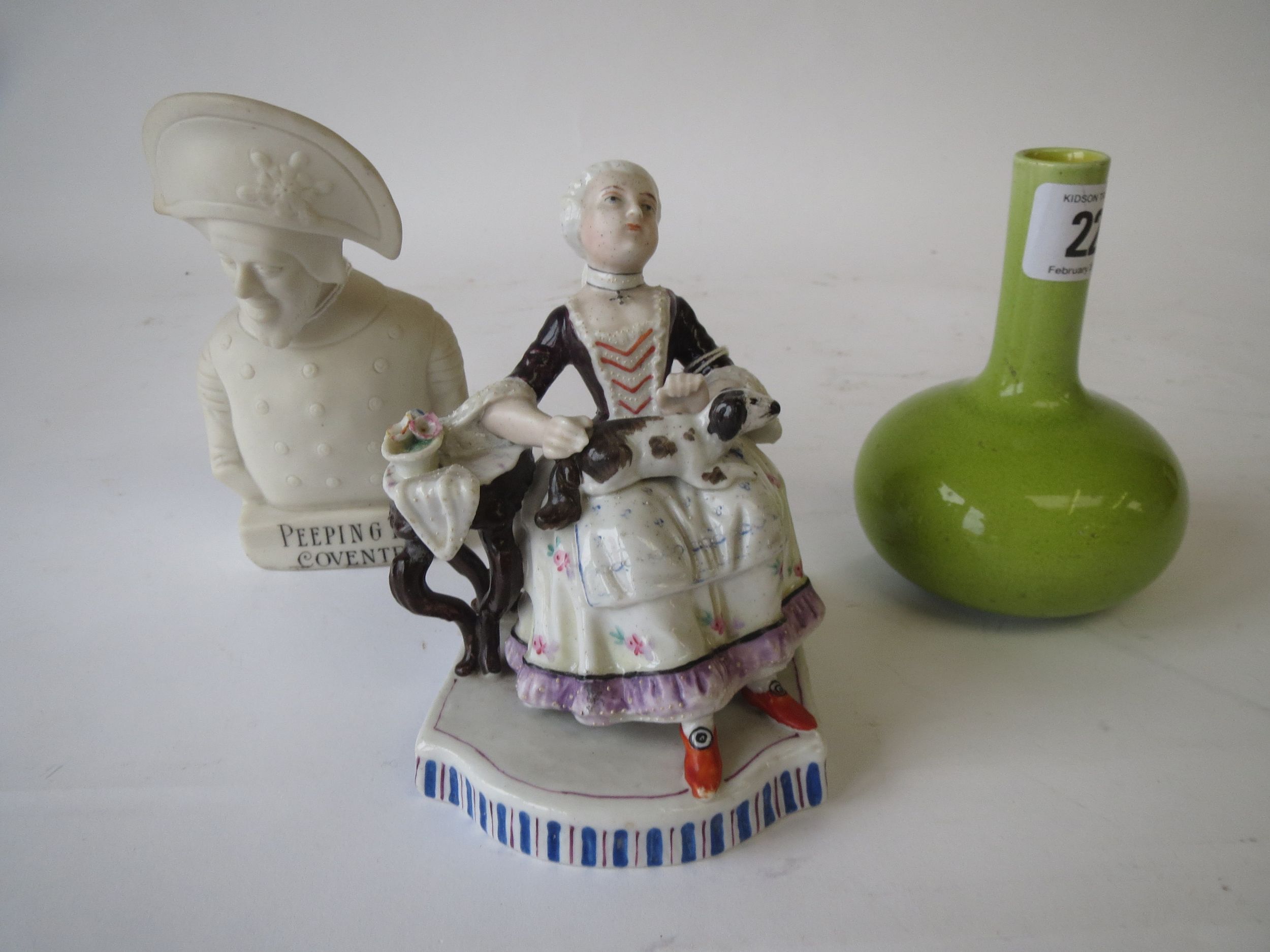 Victorian parlour figure, small green vase and Staffordshire Peeping Tom bust Condition: minor