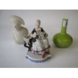 Victorian parlour figure, small green vase and Staffordshire Peeping Tom bust Condition: minor