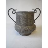 Indian white metal vase with two handles in form of snakes and embossed floral decoration 18cm H