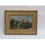 Oil on panel, a study of sheep in a pastoral landscape, gilt framed 24.5cm x 39.5cm Condition: Fair