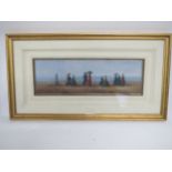 Framed Impressionist oil painting, Victorian ladies with parasols on a beach, 13.5cmx 43cm