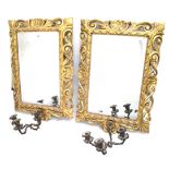 Pair of C19th giltwood framed bevelled edged oblong wall mirror with purple metal candelabra