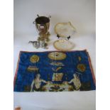 Glass & brass urn , Bisque cat, silk banner, pair shell dishes