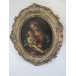 Oil on tin, oval Madonna and Child 25cmH Condition: Frame damaged, part work slightly scratched